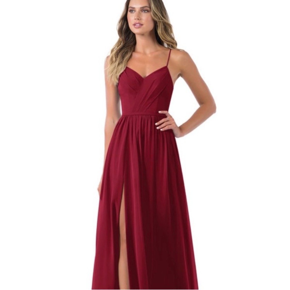 Azazie Burgundy V-Neck Spaghetti Strap Evening Gown